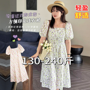 方领中长款 大码 200斤胖mm甜美收腰显瘦泡泡袖 女装 碎花连衣裙 夏装