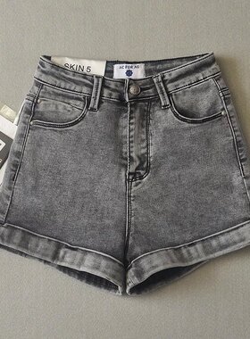 欧美ins风AC FOR AG复古高腰弹力纯色刺绣修身牛仔短裤阔腿裤女夏