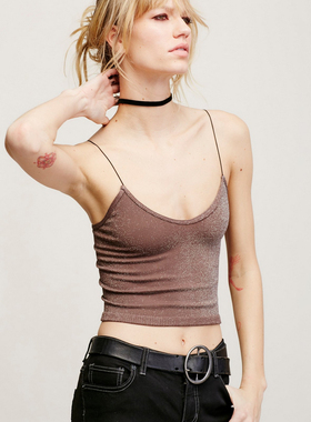 欧美风复古彩丝闪亮面修身弹力露脐小吊带短款细肩带打底背心胸衣