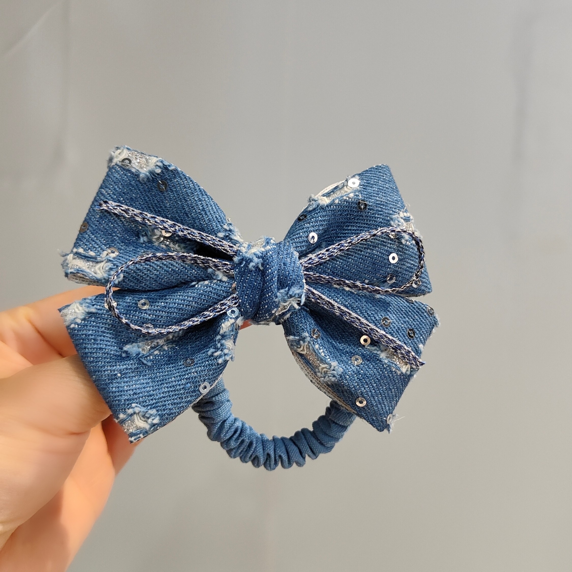 扎头发绳女儿童布艺大蝴蝶结橡皮筋绑马尾头花秋冬新款牛仔蓝发圈