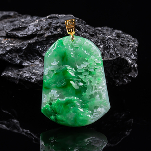 缅甸翡翠吊坠飘阳绿山水牌挂件18k金扣头镶嵌天然A货翡翠男女款