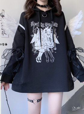 原创怠惰天使氛围感纯欲丝带下衣失踪暗黑宽松显瘦印花连帽卫衣春