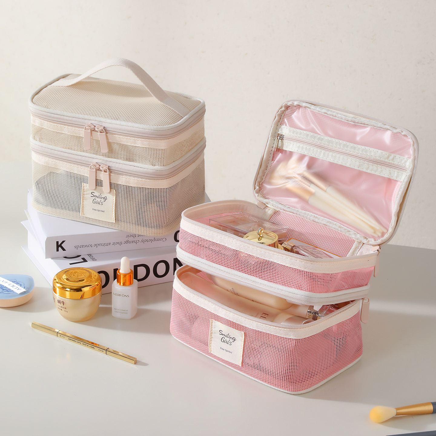 透明网纱化妆包大容量分区收纳包