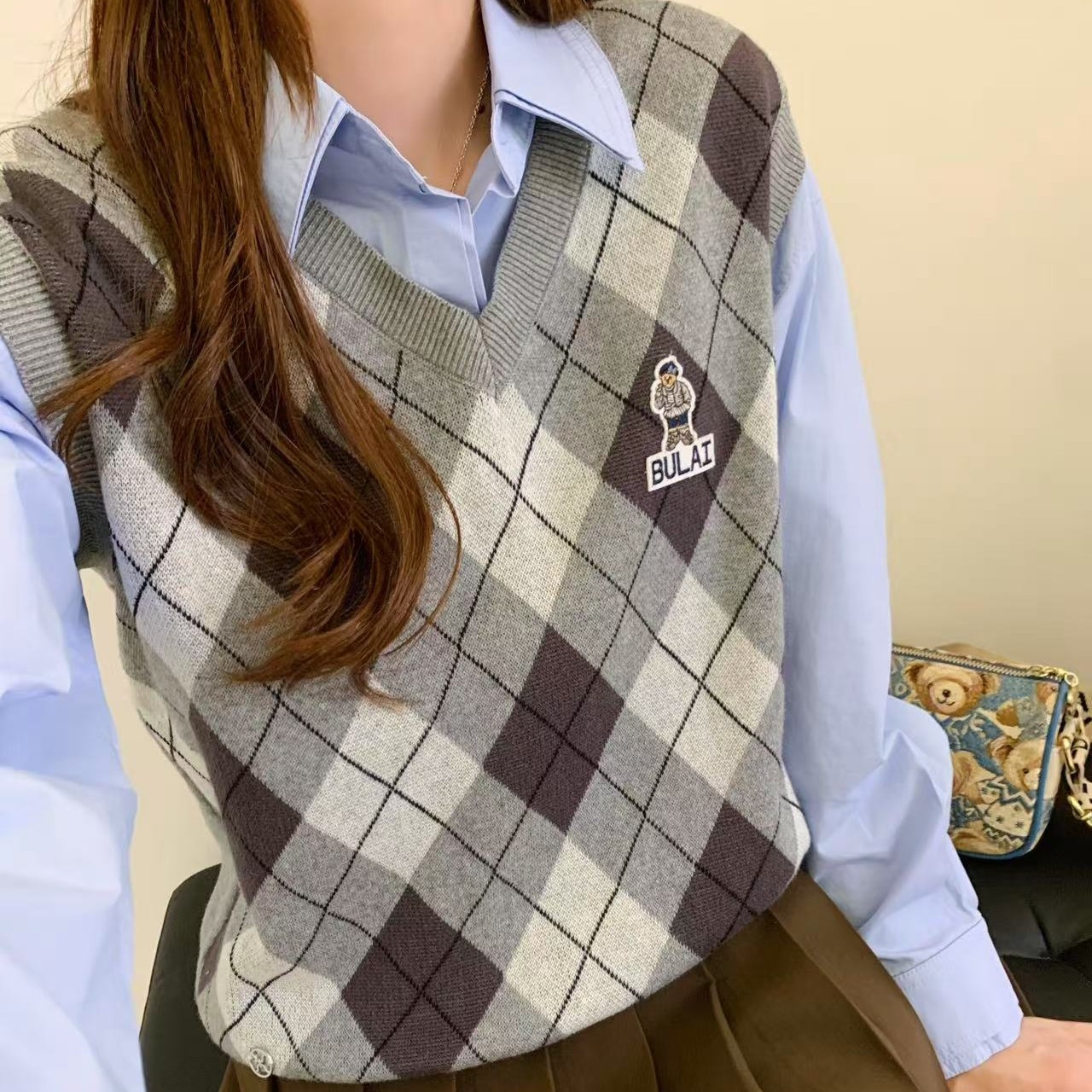 2025秋季新款韩版纯棉显瘦菱形格子提花针织马甲女 坎肩v领学院风