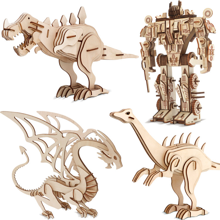儿童木制3d立体拼图玩具拼装恐龙机器人动物模型手工益智创意礼物