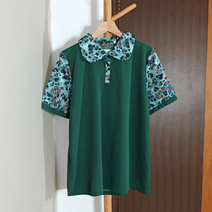 女绿色豹纹拼接百搭T恤宽松韩版 POLO衫 减龄潮 休闲风翻领短袖 夏季