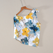 T恤衫 2025年夏款 上衣服显瘦气质潮 斜领露肩修身 印花无袖 新品 女装