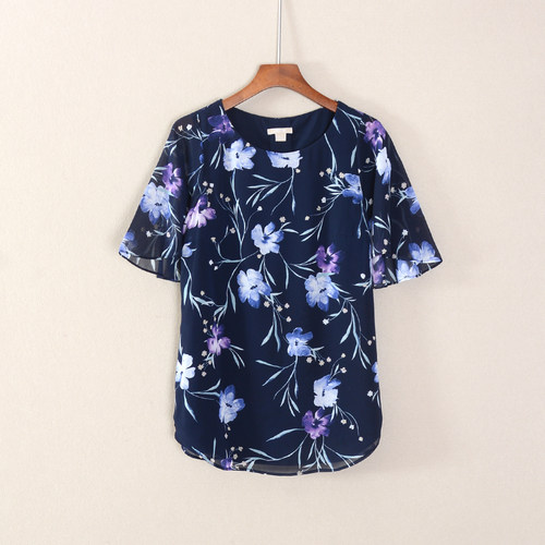 2024年夏款新品女装百搭短袖圆领花色有内衬雪纺衫上衣服宽松流行