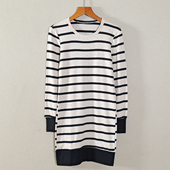 针织连衣裙子时尚 春秋款 休闲风长袖 条纹直筒裙圆领中长款 新品 女装