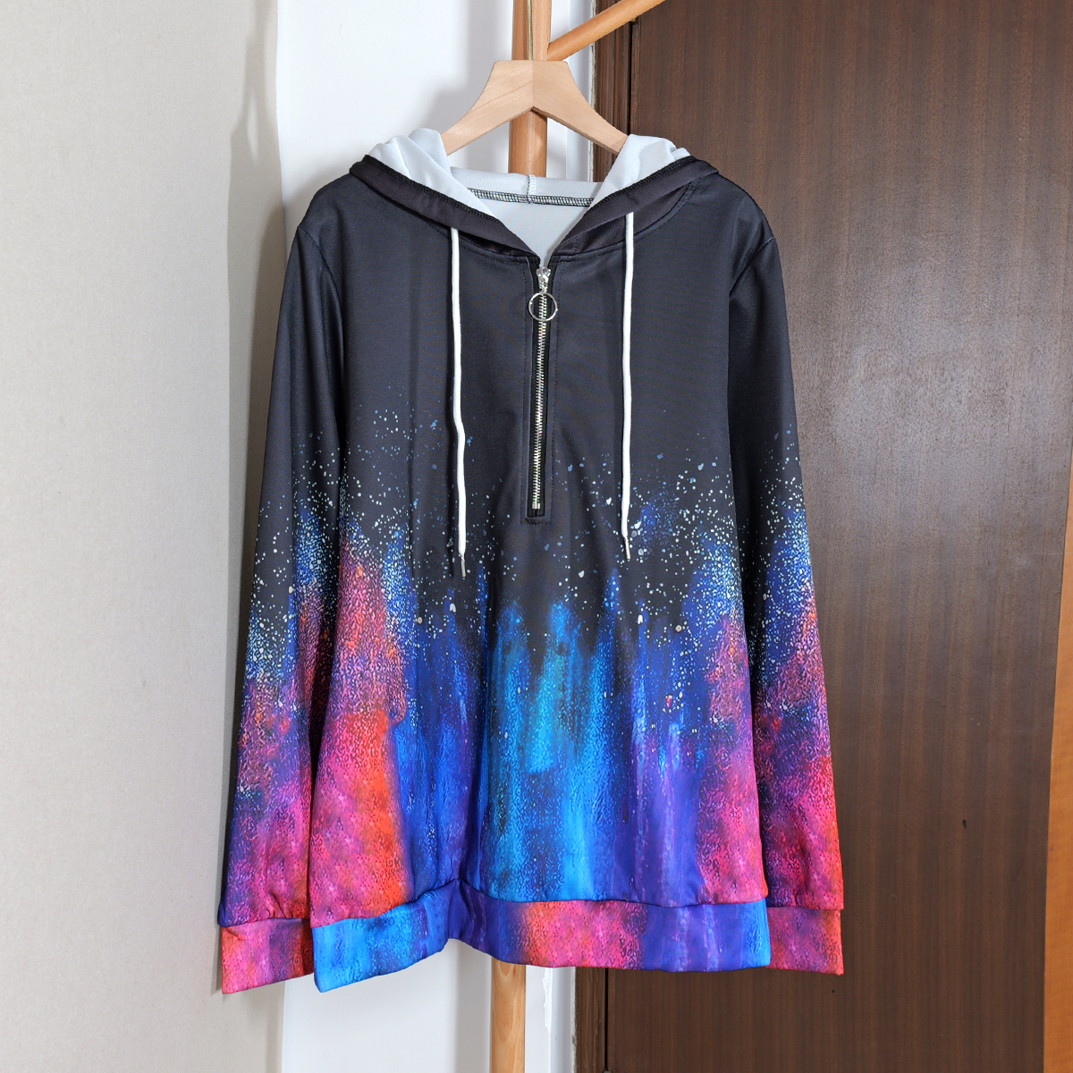 春秋款新品女装韩版宽松印花长袖连帽抽绳拼色卫衣上衣服百搭减龄