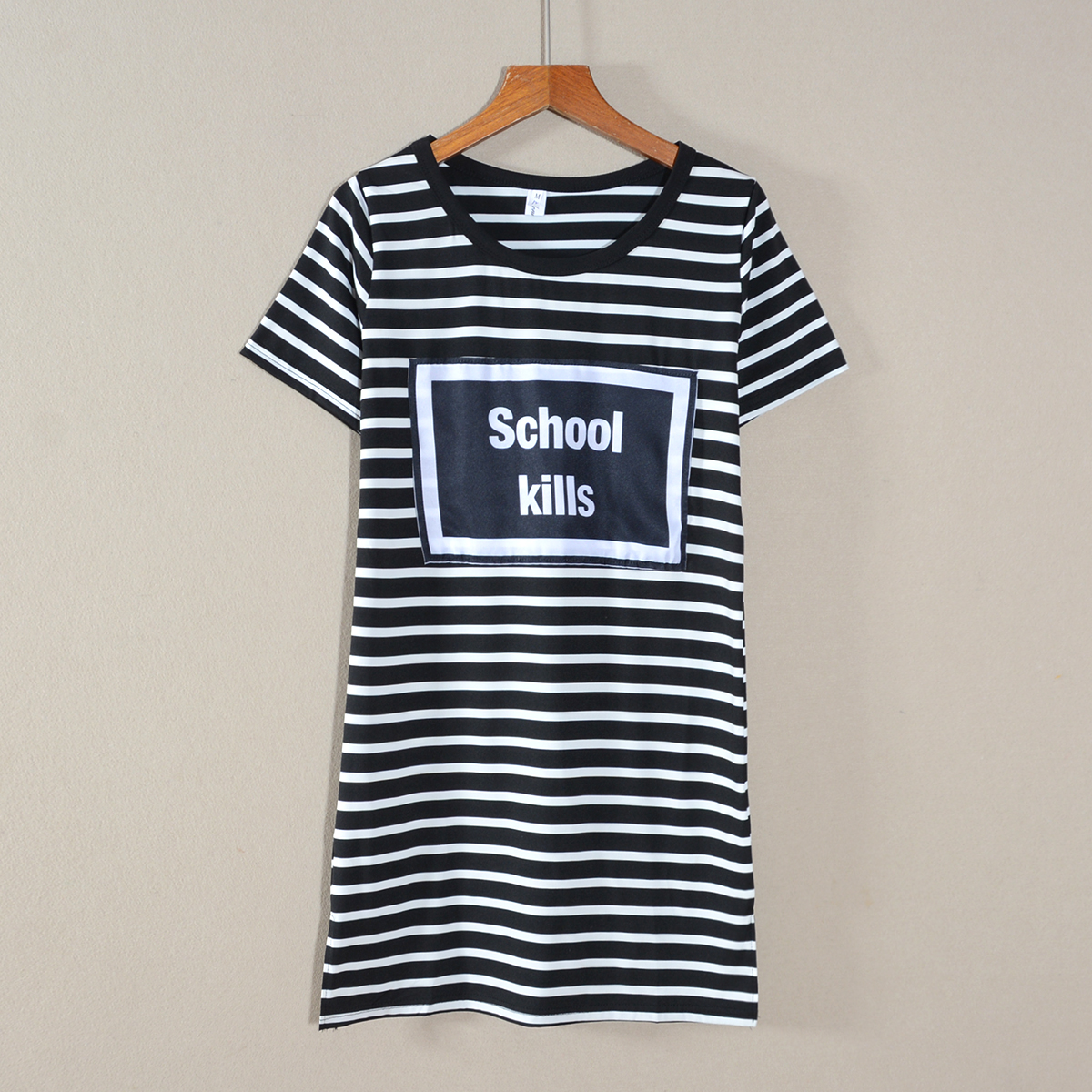 2025年夏装新品女款条纹休闲风直筒裙短袖中长款连衣裙子显瘦潮流