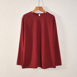 2025年秋装新品女款宽松圆领长袖休闲风纯色侧开叉T恤衫打底衫潮