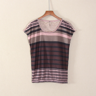 2024年夏款新品女装短袖圆领休闲风宽松拼接镂空透明T恤衫上衣服