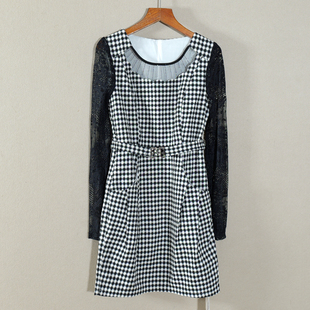 显瘦侧拉链中长款 2026年春秋款 修身 女装 印花蕾丝拼接连衣裙子 新品