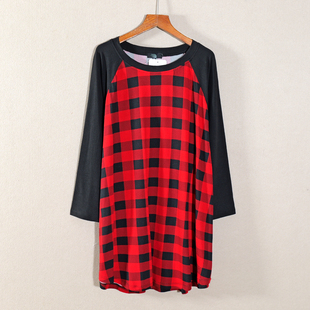 新款 休闲风圆领宽松T恤衫 女装 格子拼色印花九分袖 潮 中长款 春秋季