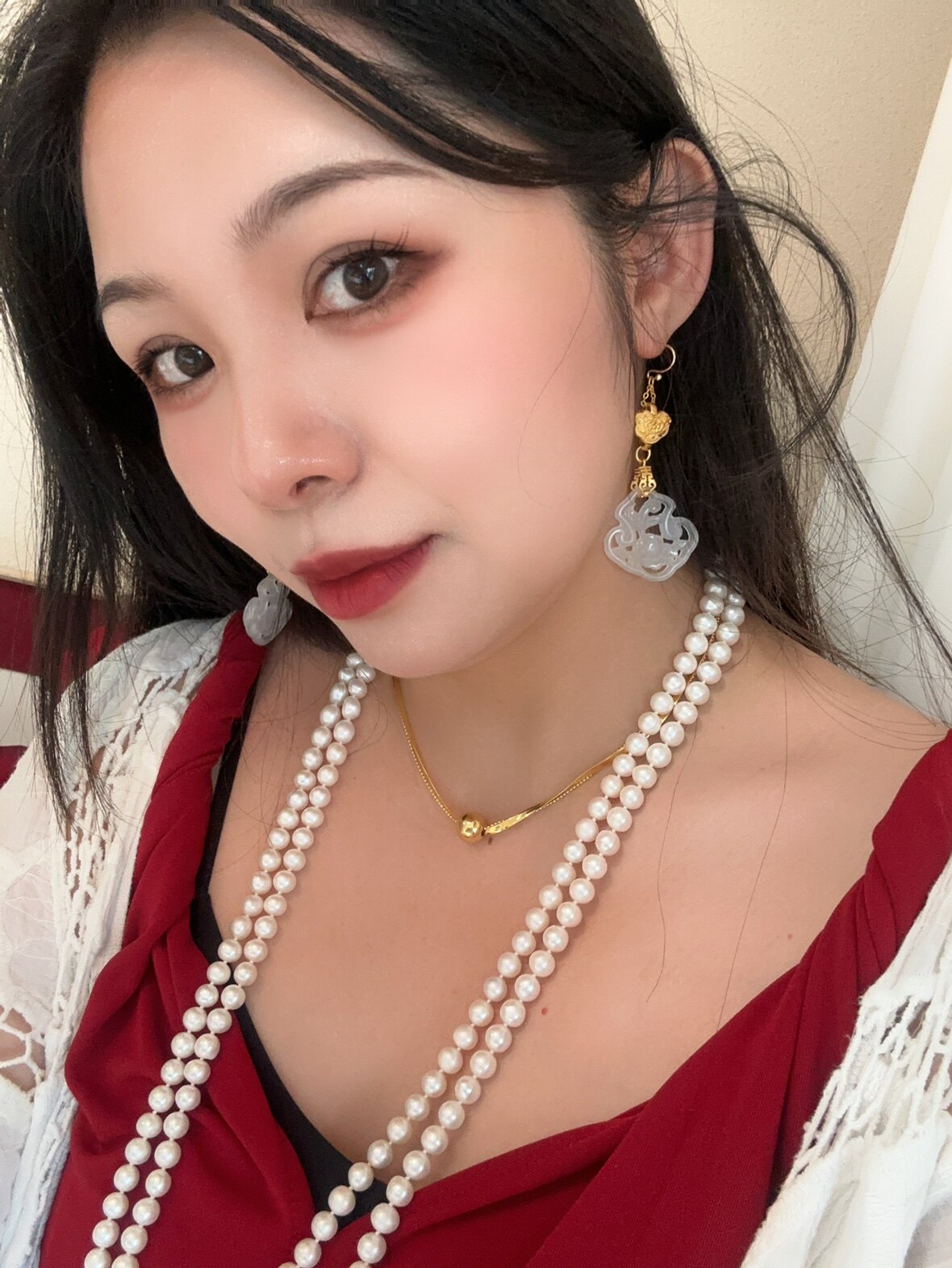 岫玉雕刻花如意牌 黄铜镀沙金吉祥国风百搭中式耳环流苏耳钩