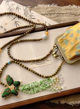 国风复古檀木超美蝴蝶流苏可斜挎背背链宋锦包包装饰手机链多戴