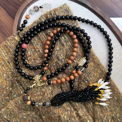 新中式黑玛瑙毛衣链秋冬长款古风汉服马面裙装饰挂件精致斜挎链