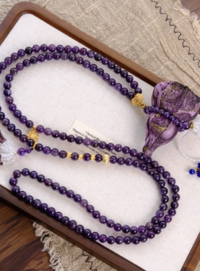 新中式项链女天然紫水晶葫芦香囊吊坠双流苏配饰长款斜挎链串珠