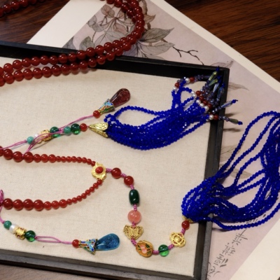 国潮斜红蓝挎项链多宝场长苏长款毛衣链女复古宫廷风项链