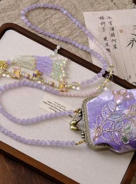 新中式国风复古手工包丝绒珠花棉布搭扣零钱包斜挎链背链