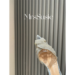 细跟仙女婚宴鞋 透明水晶高跟鞋 尖头水钻细跟凉鞋 新款 23夏季