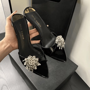 女夏细跟水钻凉鞋 2025新最亮 星海露趾漆皮一字拖性感尖头高跟鞋