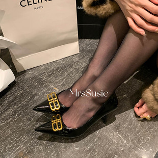 绝美漆皮双B扣黑色尖头细跟不累脚单鞋 苏茜夫人高跟鞋 女2024新款