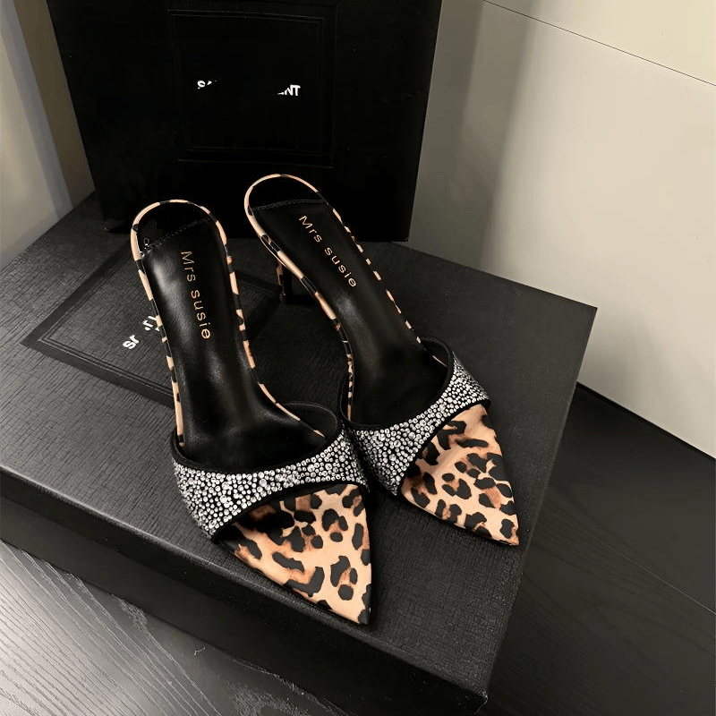 豹纹尖头欧美水钻超高跟凉拖鞋