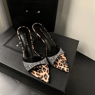 外穿性感水钻超高跟凉拖鞋 欧美尖头细跟豹纹高跟鞋 女2024年夏新款