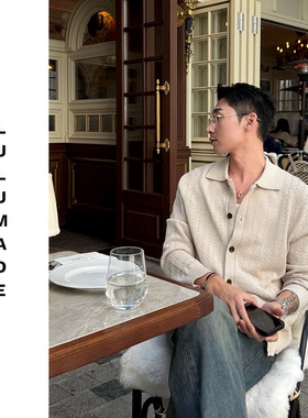 Lulumade | 26ss进口和纸纱老钱度假风镂空翻领针织开衫 男