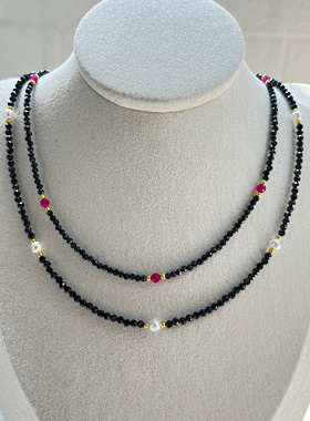 天然进口黑尖晶石项链女款红宝石珍珠锁骨链简约百搭时尚气质颈链