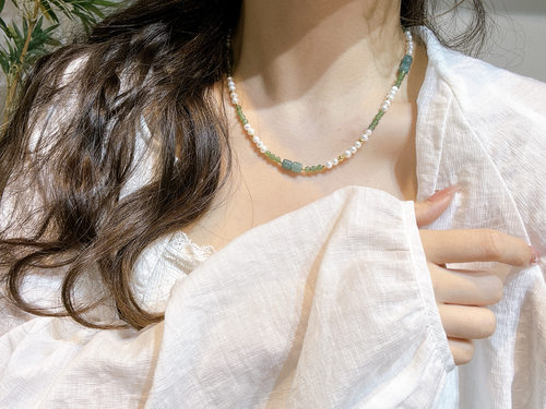 轻奢国风天然石蓝水翡翠珍珠碧玉项链文艺气质手作颈链高级感锁骨