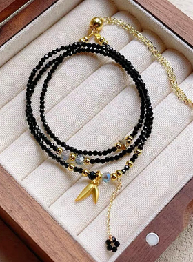 黑尖晶切面 黑碧玺 黑珠子多层三圈手串手链 调节新款