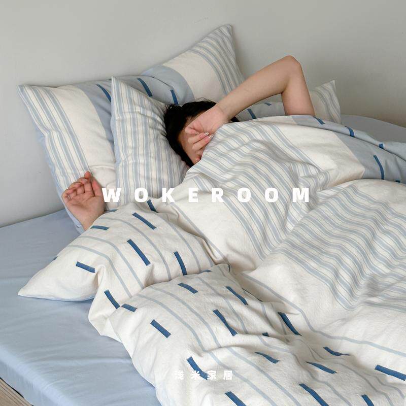 蓝白琴键 全棉水洗棉色织提花床上四件套 民宿风条纹双人被套床笠