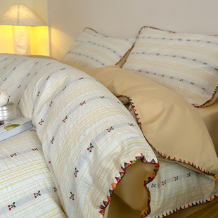 春天奶黄 INS刺绣小樱桃纯棉水洗棉提花四件套贝壳边三角针2m床品