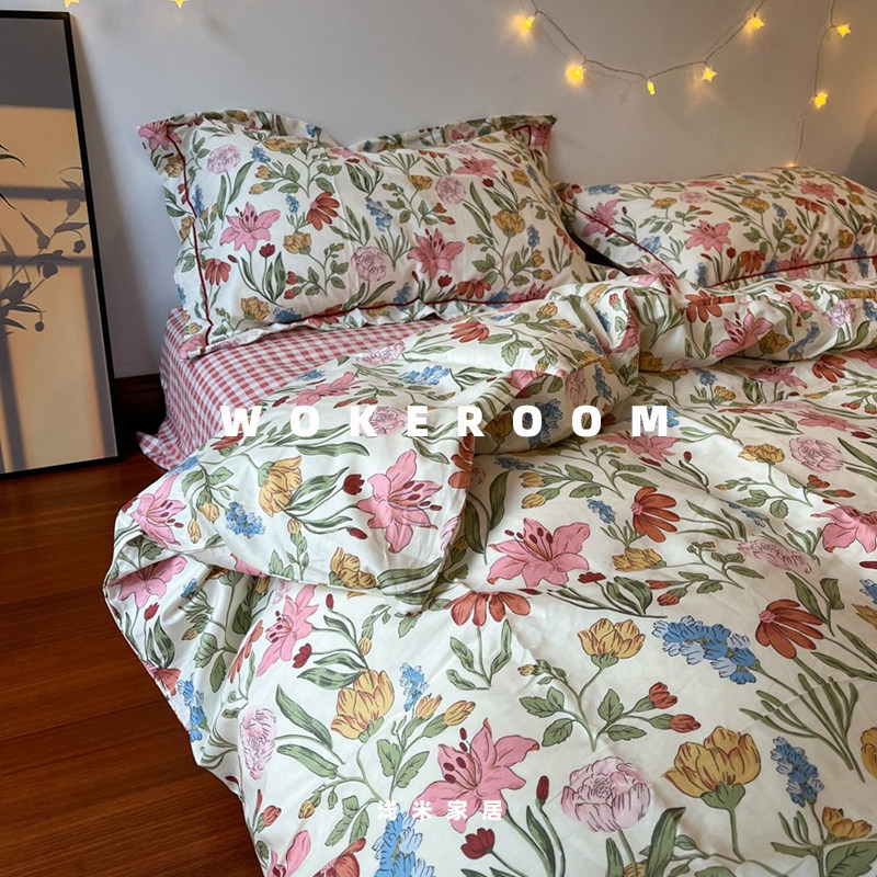 PINK LILY 纯棉四件套温柔粉花朵床品清新田园风1.8m大床被套床笠