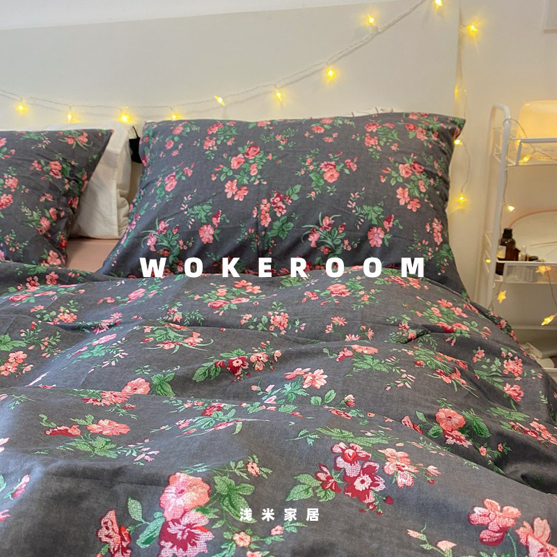 复古玫瑰 纯棉四件套暗黑碎花斜纹全棉被套 活性花卉床上用品床笠