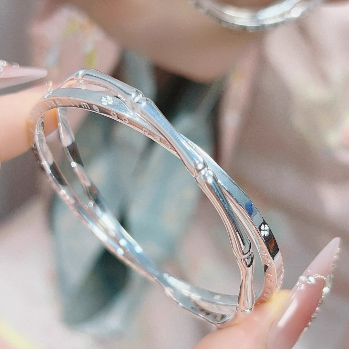 水贝足银9999叠戴双环竹节四叶草银手镯女纯银实心时尚百搭送礼