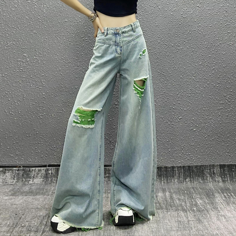 洋气破洞撞色口袋休闲牛仔裤女
