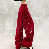 潮 高腰宽松显瘦百搭阔腿裤 洋气满天星烫钻设计休闲牛仔裤 女春新款