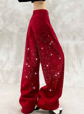 洋气满天星烫钻设计休闲牛仔裤女春新款高腰宽松显瘦百搭阔腿裤潮