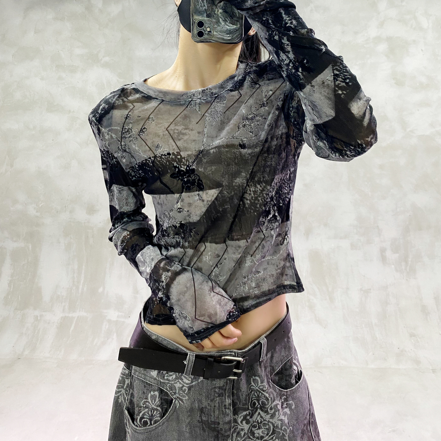 小众设计感网纱扎染植绒长袖T恤