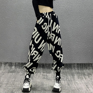 高腰宽松显瘦百搭直筒束脚休闲裤 个性 女秋新款 饰运动卫裤 子 字母装