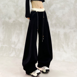 高腰宽松显瘦百搭直筒香蕉裤 撞色设计抽绳垂感休闲弯刀裤 女春新款