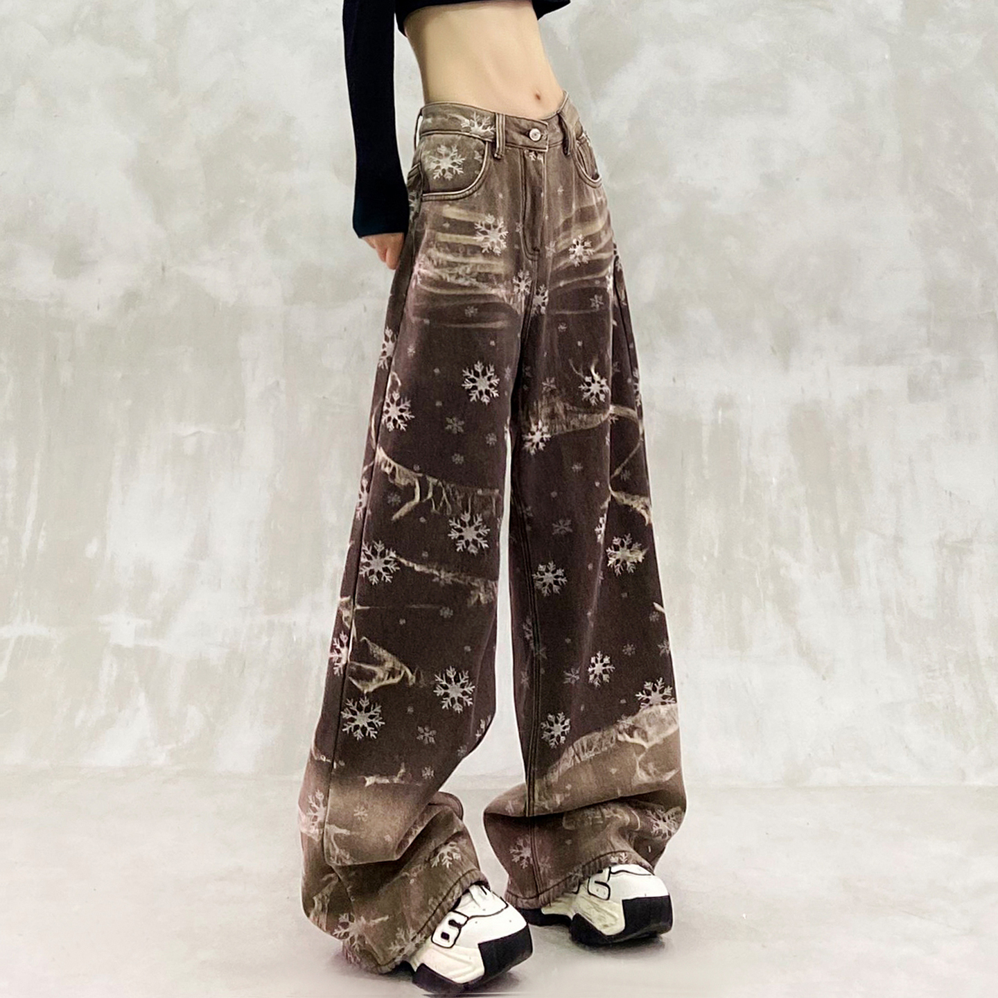 帅气印花装饰加绒休闲牛仔裤女冬新款高腰宽松显瘦百搭直筒阔腿裤