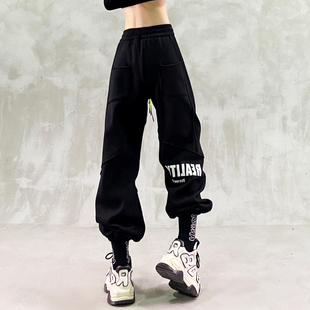 子 高腰宽松显瘦百搭直筒束脚休闲裤 帅气字母印花加绒卫裤 女冬新款
