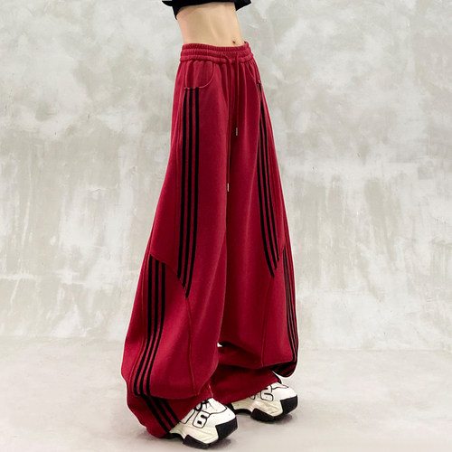 帅气条纹拼接设计加绒休闲弯刀裤