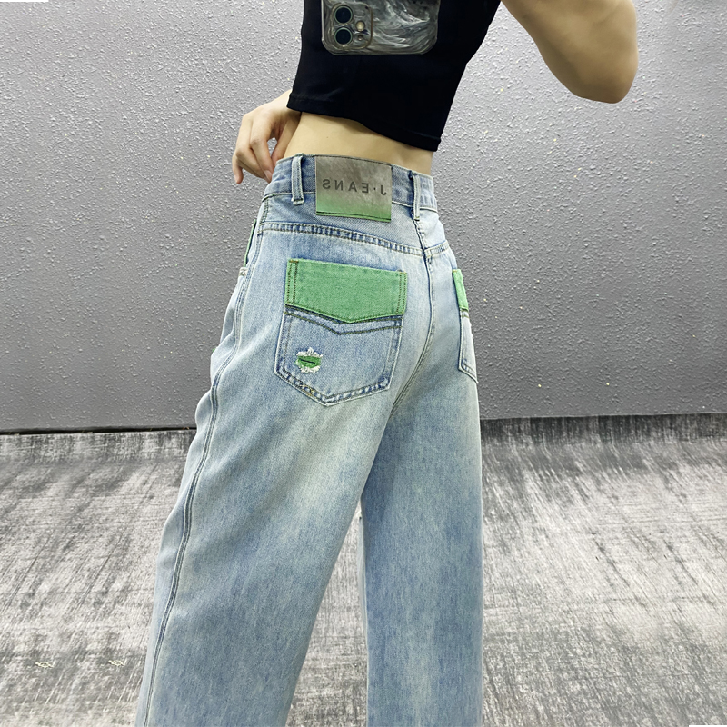 个性彩色拼接口袋破洞薄款牛仔裤