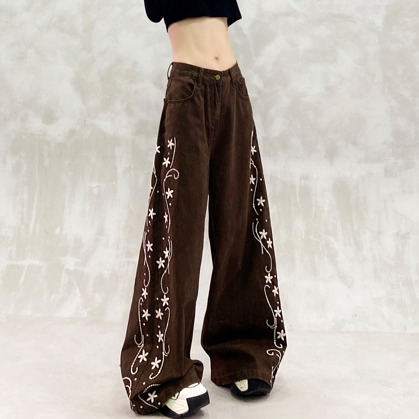 刺绣花设计感抓绒休闲牛仔裤女